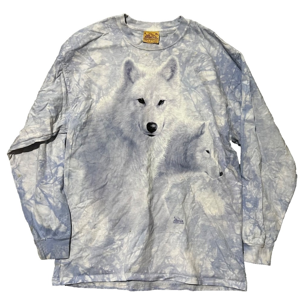 Vintage Y2K Wolf Long Sleeve Tee  Size XL THE MOUNTAIN Blue 2003 Tie Dye